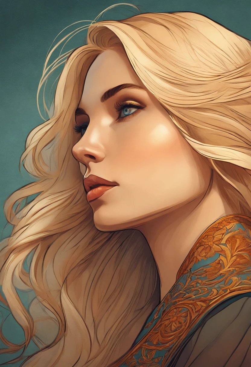 Young Woman Blonde Hair Profile Face Avatar Mucha Illustration style