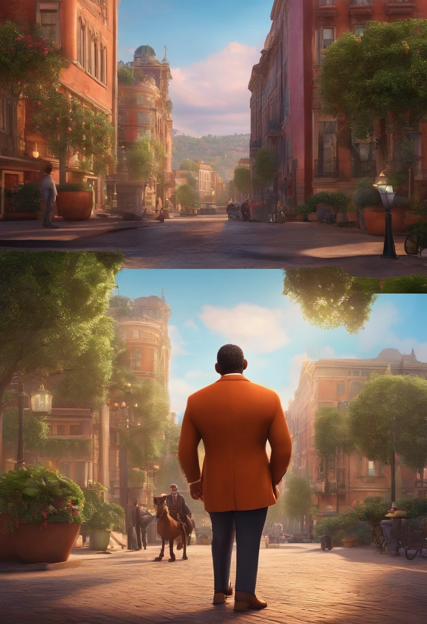 A city councilman looking at a dream project inspired by Pixar animation, de perto. The character takes center stage with captivating facial expressions, oferecendo um toque de irrealidade