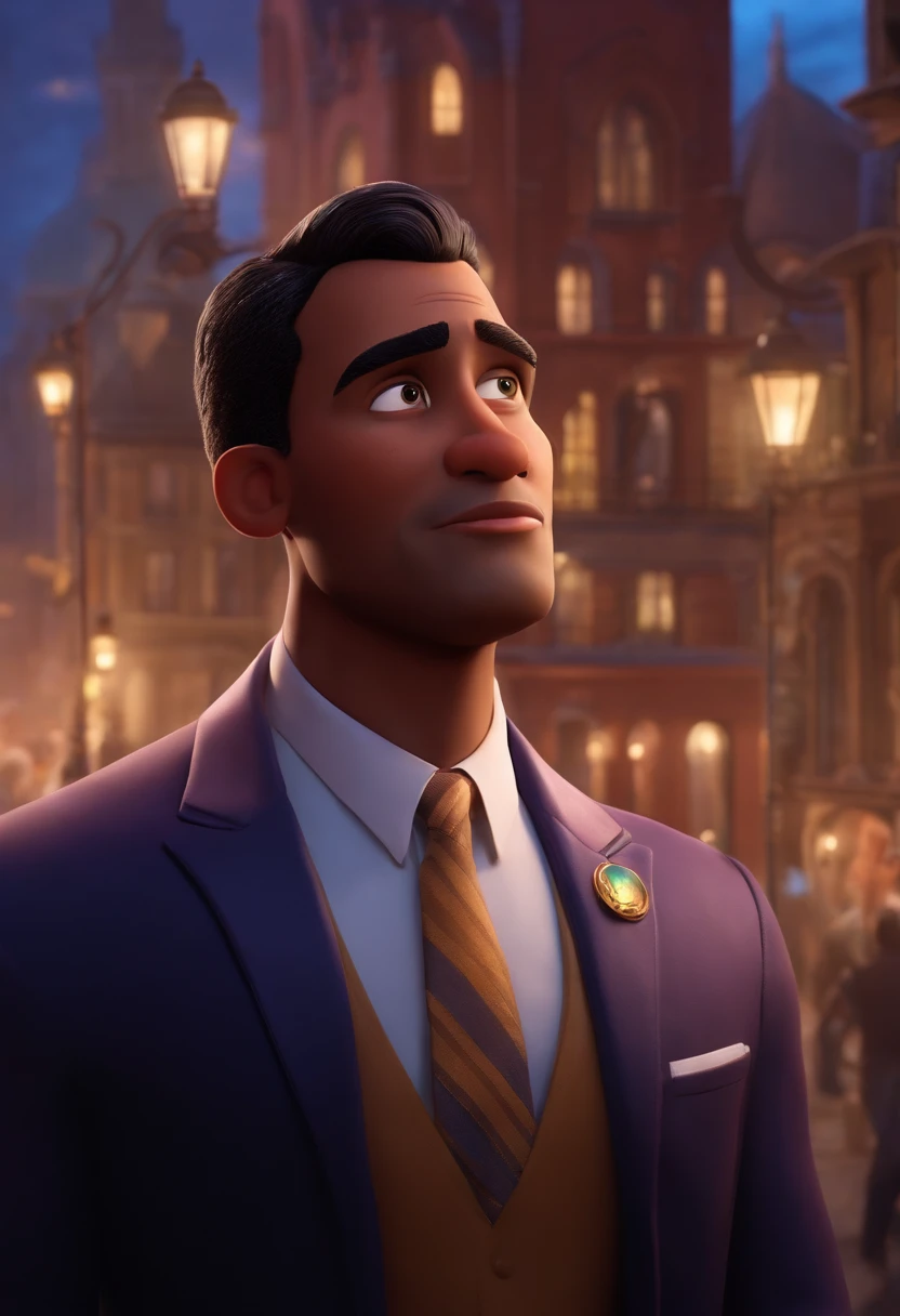 A city councilman looking at a dream project inspired by Pixar animation, de perto. The character takes center stage with captivating facial expressions, oferecendo um toque de irrealidade