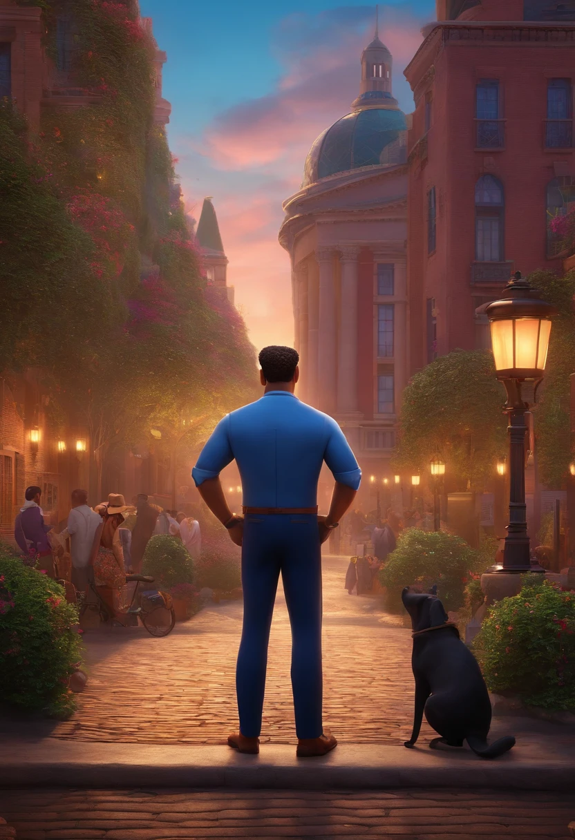 A city councilman looking at a dream project inspired by Pixar animation, de perto. The character takes center stage with captivating facial expressions, oferecendo um toque de irrealidade