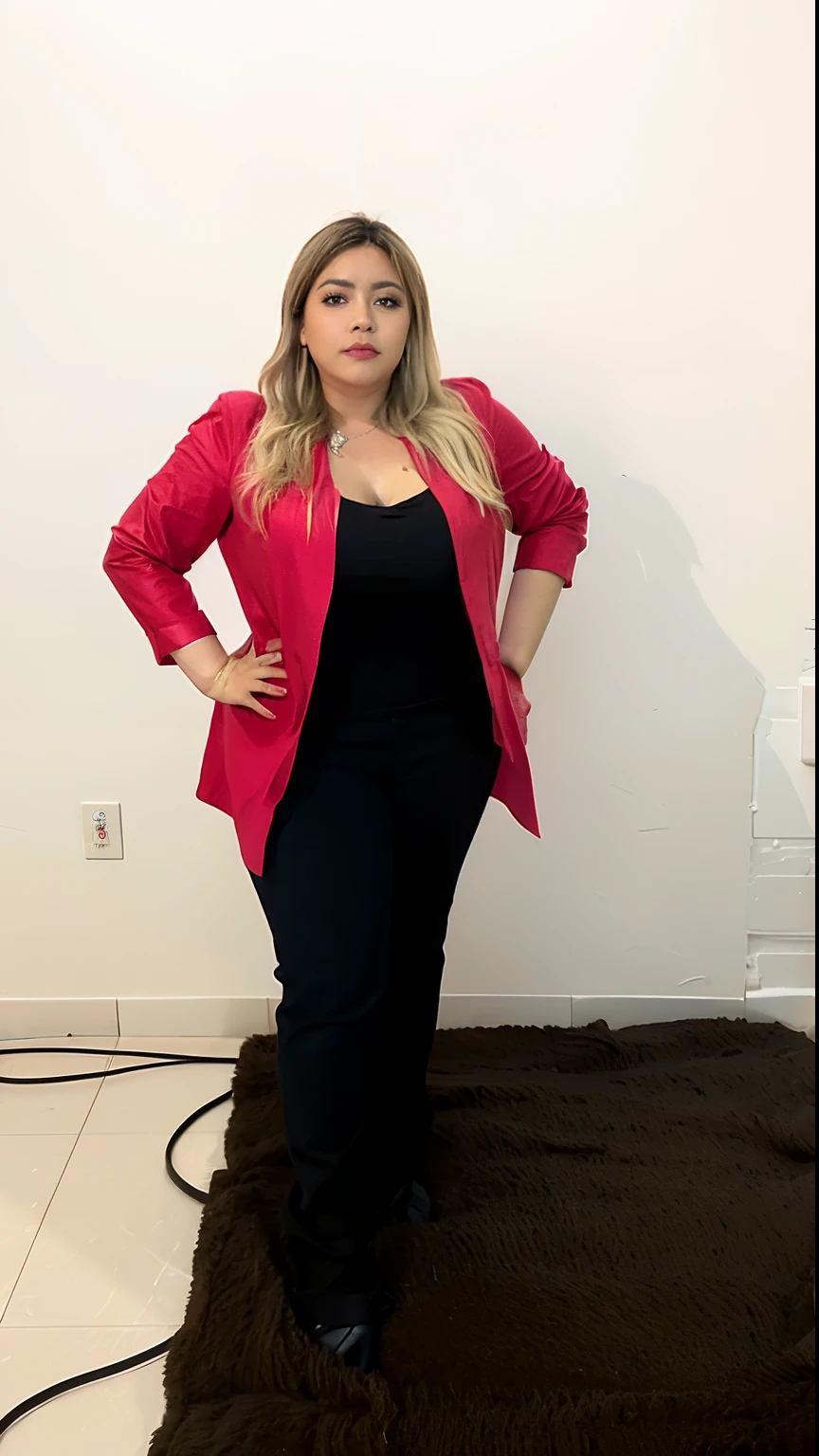 Woman standing on a brown carpet in a room with a white wall, Directed by: Nandor Soldier, imagem de corpo inteiro, Directed by: Olivia Peguero, by Gina Pellón, Lorena Avarez, Marischa Becker, by Amelia Peláez, vestindo um terno preto e vermelho, fernanda suarez, imagem de perfil, mulher plus size, mulheres de corpo inteiro
