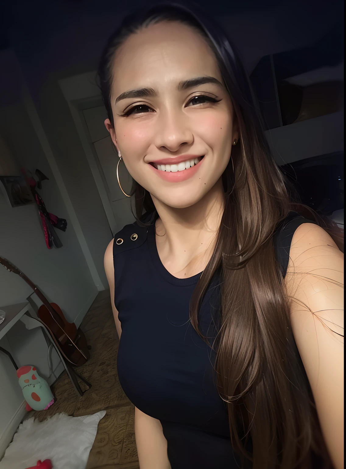 mulher sorridente com longos cabelos castanhos e um top preto, sorriso bonito, lovely smile, She is grinning, sorriso perfeito, bonito e sorridente, sorriso bonito, Alanis Guillen, she is smiling and happy, grande sorriso em seu rosto, lindo rosto latino, com um lindo sorriso, Directed by: Nandor Soldier, Parece Fabiula Nascimento
