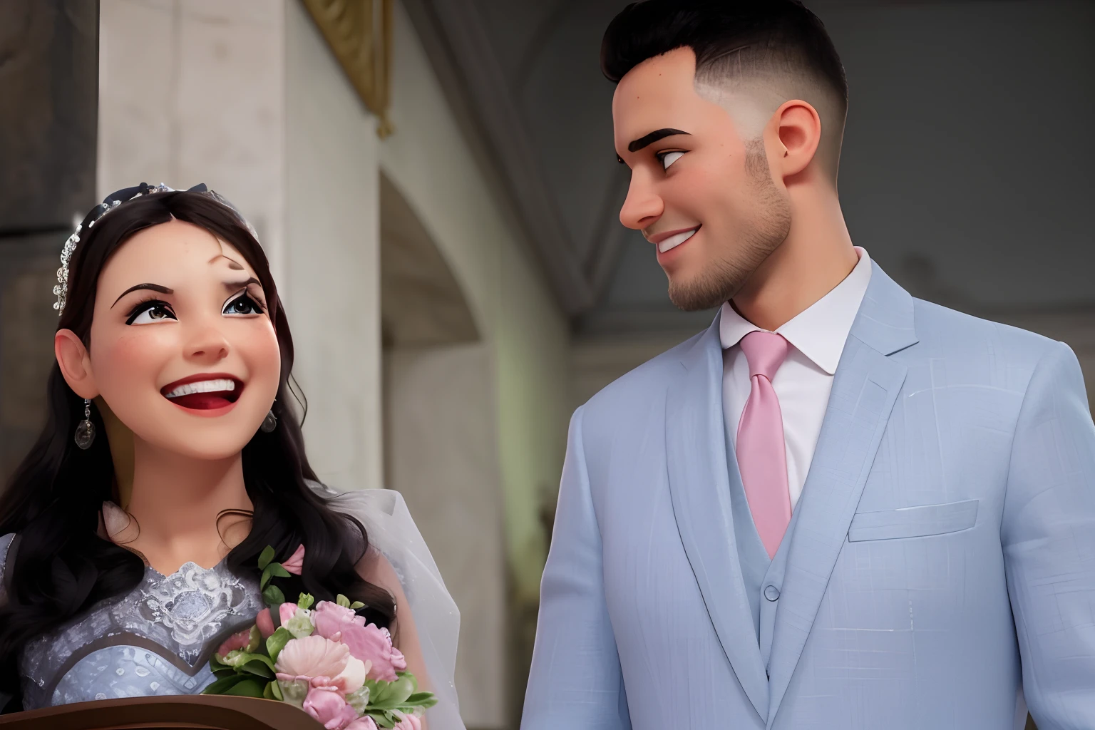 Uma mulher vestida de noiva esbanjando um sorriso de alegria, enquanto seu noivo com um terno cinza elegante a olha com um olhar Alegre e apaixonado, em um altar.