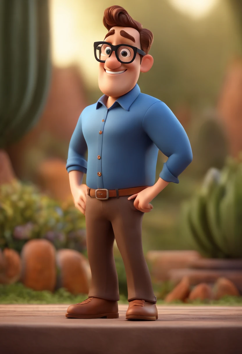 disney pixar style Cartoon character of a man with black glasses and a blue shirt, animation character, Caractere estilizado, animation style rendering, 3D estilizado, Arnold Maya render, 3 d render stylized, toon render keyshot, Personagem 3D, Personagem 3D, 3d rendering stylized, 3 d character render, personagem de desenho animado, Personagem de close up, Pose de personagem,  (Estilo Pixar) (master part:1.2) (Bokeh) (best quality) (pele detalhada) (textura detalhada) (8k) (argila) (Cinematic lighting) (foco nítido