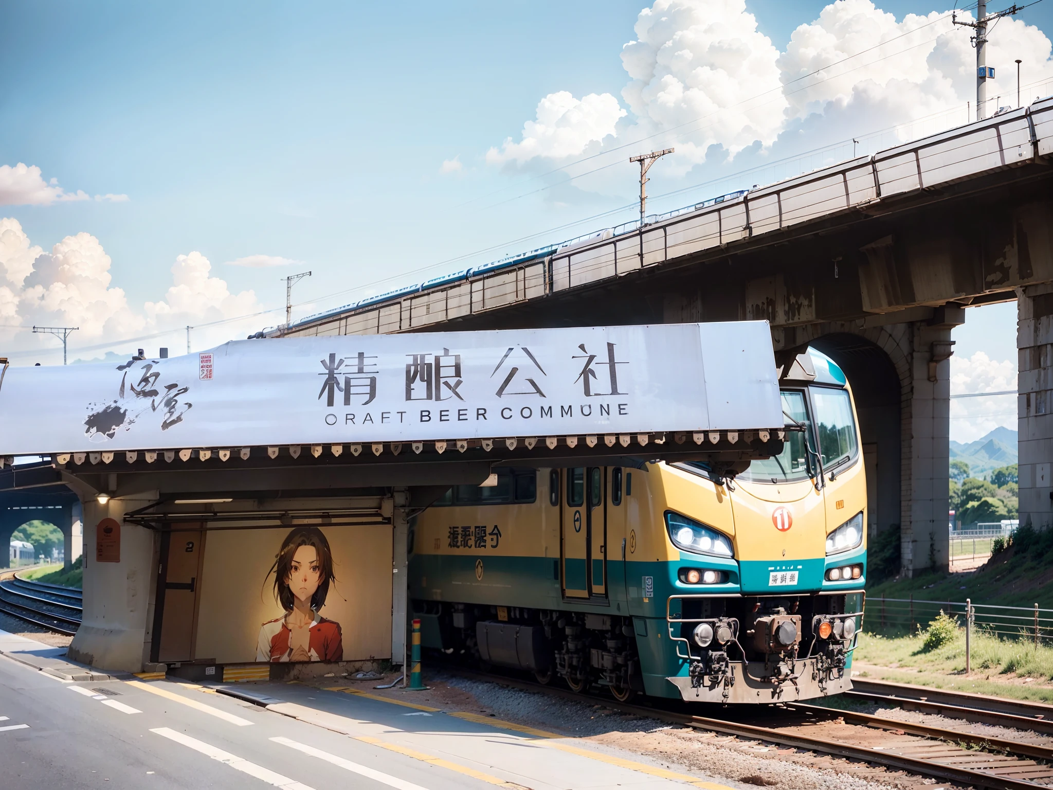 The text subject remains the same，Shinkai Makoto manga style，A train is added to the train bridge in the upper right。
