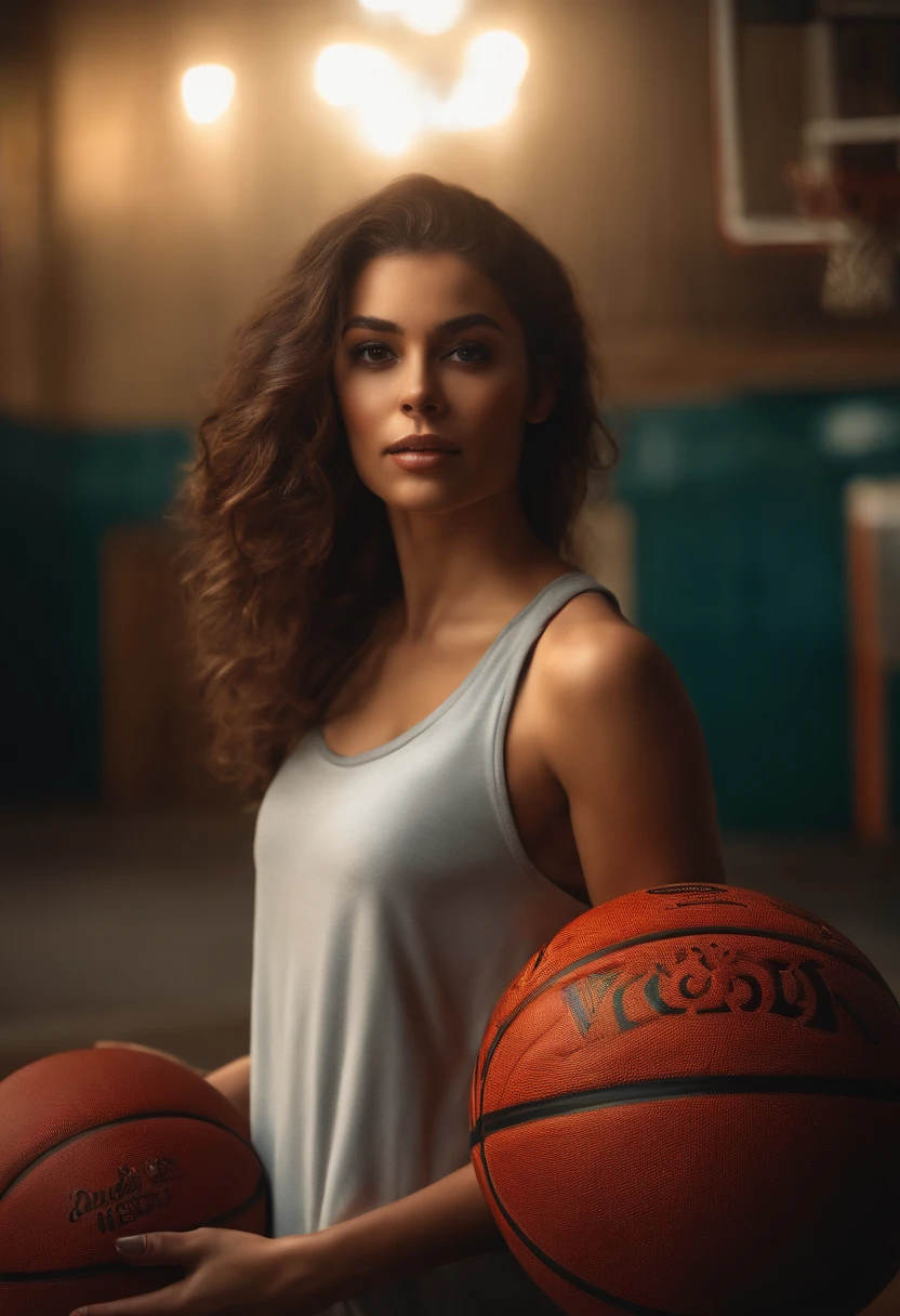 1 girl standing, vestindo camisa de bola de basquete, Muito Detalhe, Realistic, segurando bola, 27 anos, cabelos longos