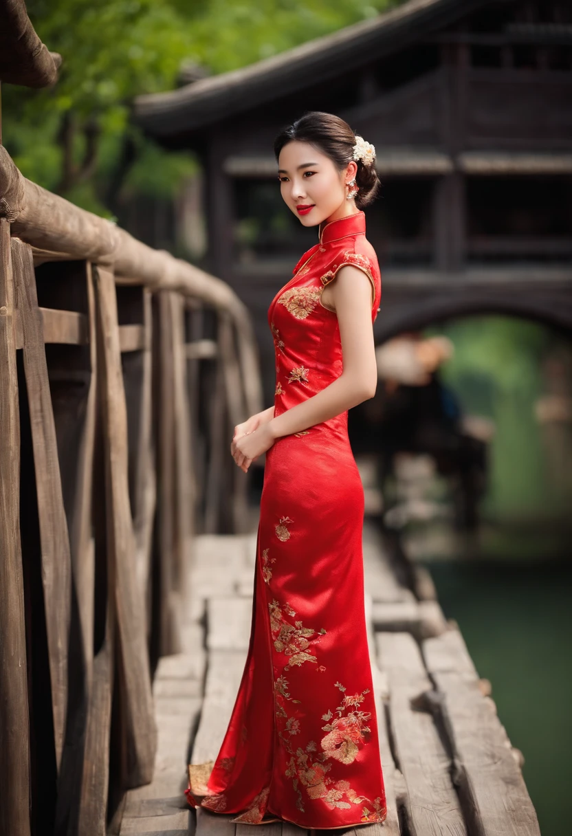 HD magazines，(((Standing on the small bridge in Wuzhen, an 18-year-old Chinese model wearing a traditional Chinese red cheongsam：1.3)))，Full body photo，High-definition and detailed faces， (((Realistic detail expressions：1.3)))，Sony SLR lens，Shoot at medium distance，电影灯光，hyper qualit