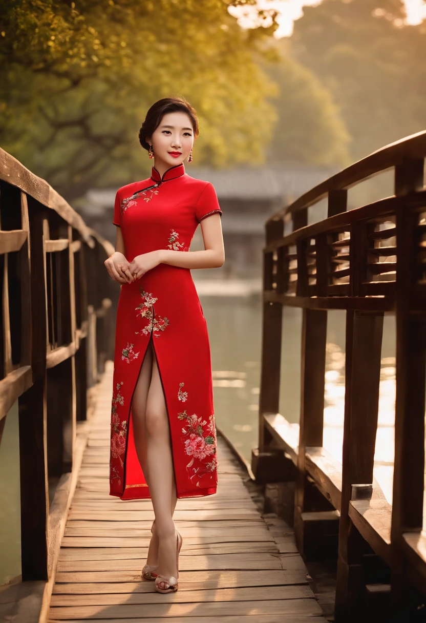 HD magazines，(((Standing on the small bridge in Wuzhen, an 18-year-old Chinese model wearing a traditional Chinese red cheongsam：1.3)))，Full body photo，High-definition and detailed faces， (((Realistic detail expressions：1.3)))，Sony SLR lens，Shoot at medium distance，电影灯光，hyper qualit