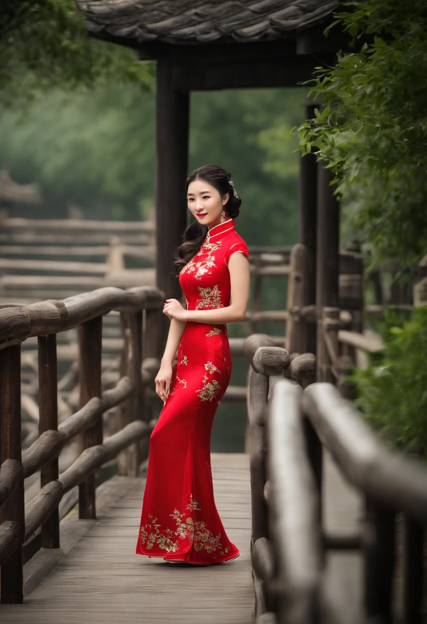 HD magazines,(((Standing on the small bridge in Wuzhen, an 18-year-old Chinese model wearing a traditional Chinese red cheongsam:1.3))),Full body photo,High-definition and detailed faces, (((Realistic detail expressions:1.3))),Sony SLR lens,Shoot at medium distance,电影灯光,hyper qualit