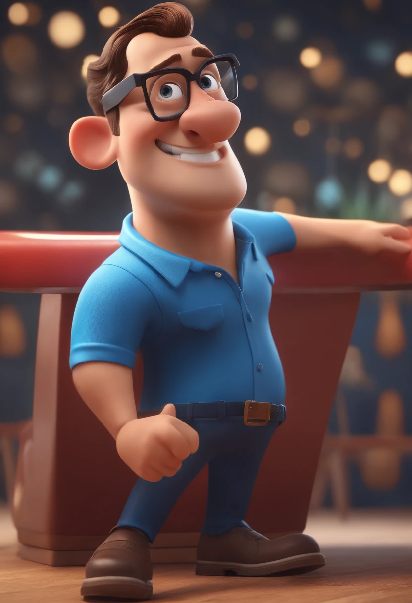 Cartoon character of a man with black glasses and a blue shirt, animation character, Caractere estilizado, animation style rendering, 3D estilizado, Arnold Maya render, 3 d render stylized, toon render keyshot, Personagem 3D, Personagem 3D, 3d rendering stylized, 3 d character render, personagem de desenho animado, Personagem de close up, Pose de personagem, (Estilo Pixar) (master part:1.2) (Bokeh) (best quality) (pele detalhada) (textura detalhada) (8k) (argila) (Cinematic lighting) (foco nítido