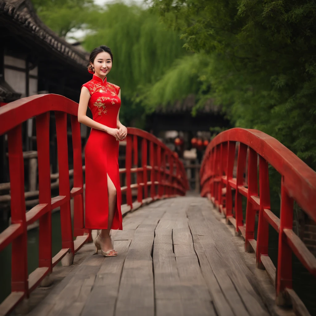 HD magazines，(((Standing on the small bridge in Wuzhen, an 18-year-old Chinese model wearing a traditional Chinese red cheongsam：1.3)))，Full body photo，High-definition and detailed faces， (((Realistic detail expressions：1.3)))，Sony SLR lens，Shoot at medium distance，电影灯光，hyper qualit