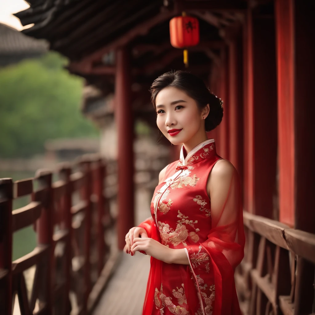 HD magazines,(((Standing on the small bridge in Wuzhen, an 18-year-old Chinese model wearing a traditional Chinese red cheongsam:1.3))),Full body photo,High-definition and detailed faces, (((Realistic detail expressions:1.3))),Sony SLR lens,Shoot at medium distance,电影灯光,hyper qualit