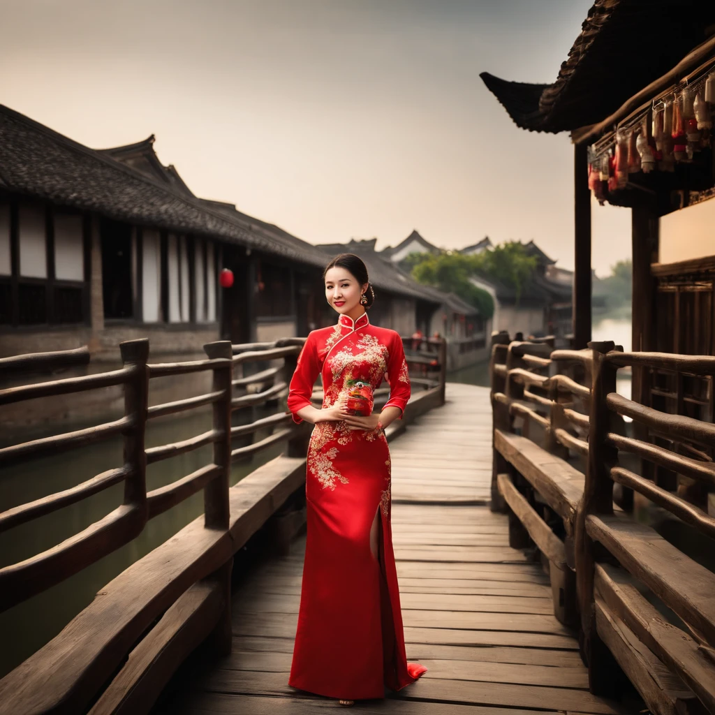 HD magazines,(((Standing on the small bridge in Wuzhen, an 18-year-old Chinese model wearing a traditional Chinese red cheongsam:1.3))),Full body photo,High-definition and detailed faces, (((Realistic detail expressions:1.3))),Sony SLR lens,Shoot at medium distance,电影灯光,hyper qualit