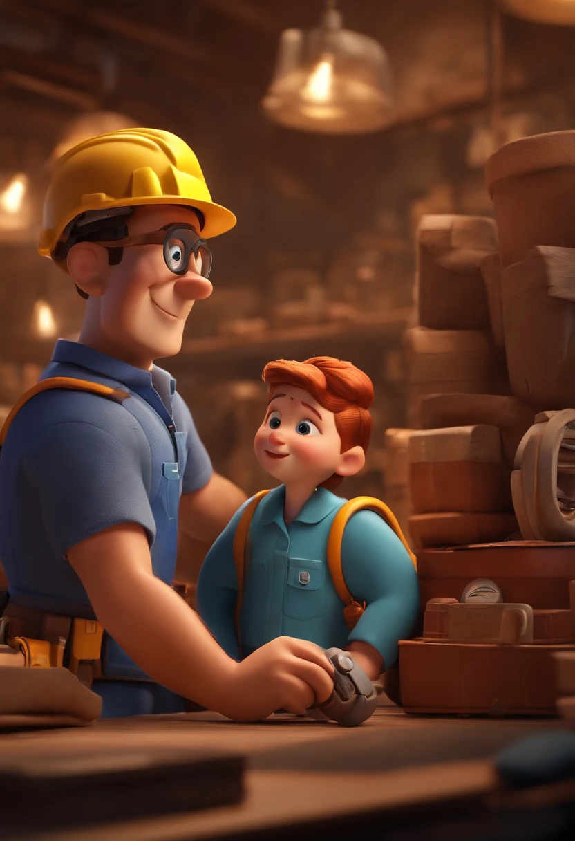 3D pixar about workplace safety, acidentes de trabalho, inclua o texto como logotipo 'Dimension Engenharia'