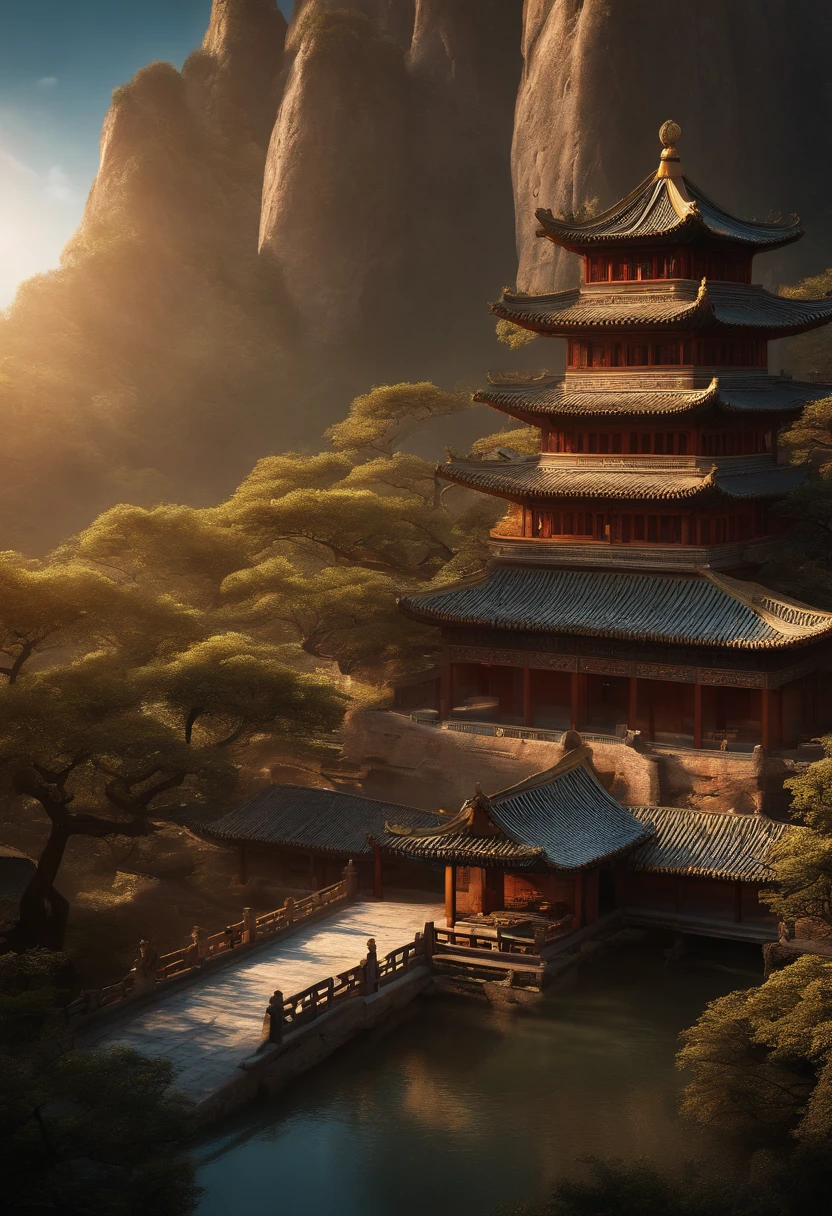 (best quality,4k,8k,highres,masterpiece:1.2),ultra-detailed,(realistic,photorealistic,photo-realistic:1.37),a Chinese-style palace nestled on a mist-shrouded cliff, dreamlike scene,ancient palace,serene atmosphere,majestic architecture,ornate rooftops,floating clouds,ethereal vibe,mysterious ambience,colorful floral gardens,reflection pond,stunning landscape,mountainous backdrop,endless horizon,towering peaks,whispering winds,serenity and tranquility,elaborate carvings,lush greenery,impeccable symmetry,golden dragon sculptures,peaceful courtyards,graceful pagoda,palatial halls,soft sunlight streaming through windows,dainty bamboo groves,lotus blossoms in full bloom,delicate cherry blossoms scattering in the wind,magical atmosphere,exquisite details throughout,traditional elegance,pastel color palette,subtle misty hues,sublime beauty.