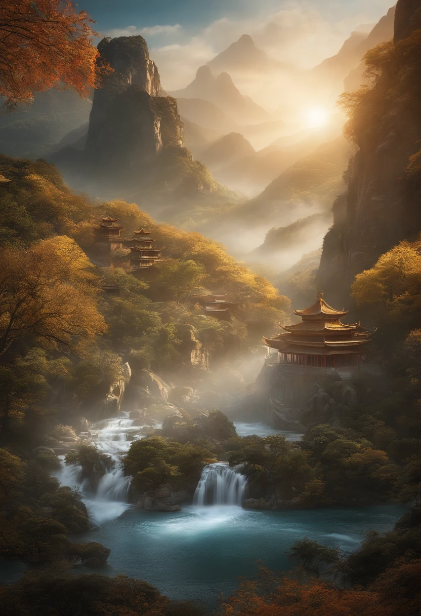 Ancient Chinese scenery, Montanhas, Rios, nuvens auspiciosas, luz solar, Obras, Super Detalhe, Epic composition, Ultra HD |, alta qualidade, extremamente detalhado, Arte Oficial, Papel de parede 8k unificado, Super Detalhe, 32k -- em 6