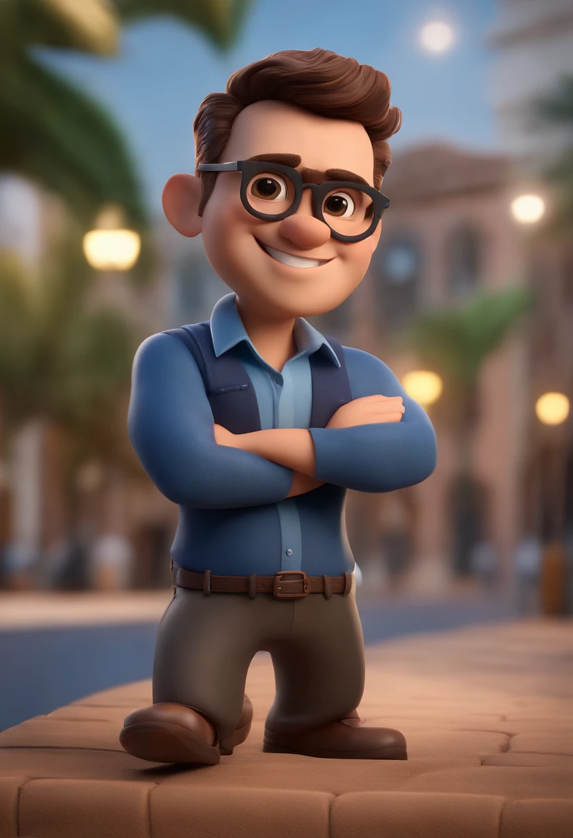 Cartoon character of a man with black glasses, cabelo cacheado marrom escuro e uma camisa azul, animation character, Caractere estilizado, animation style rendering, 3D estilizado, Arnold Maya render, 3 d render stylized, toon render keyshot, Personagem 3D, Personagem 3D, 3d rendering stylized, 3 d character render, personagem de desenho animado, Personagem de close up, Pose de personagem,  (Estilo Pixar) (master part:1.2) (Bokeh) (best quality) (pele detalhada) (textura detalhada) (8k) (argila) (Cinematic lighting) (foco nítido