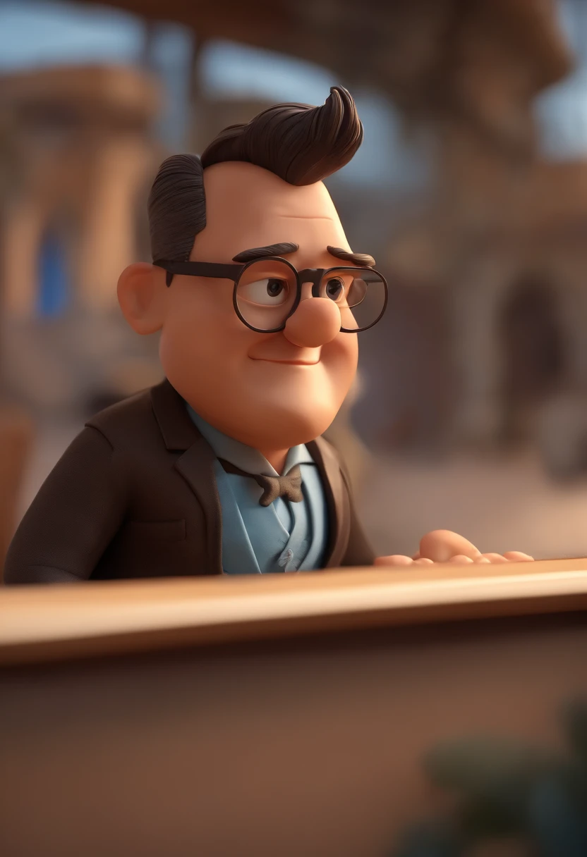 Cartoon character of a man with black glasses, cabelo cacheado marrom escuro e uma camisa azul, animation character, Caractere estilizado, animation style rendering, 3D estilizado, Arnold Maya render, 3 d render stylized, toon render keyshot, Personagem 3D, Personagem 3D, 3d rendering stylized, 3 d character render, personagem de desenho animado, Personagem de close up, Pose de personagem,  (Estilo Pixar) (master part:1.2) (Bokeh) (best quality) (pele detalhada) (textura detalhada) (8k) (argila) (Cinematic lighting) (foco nítido