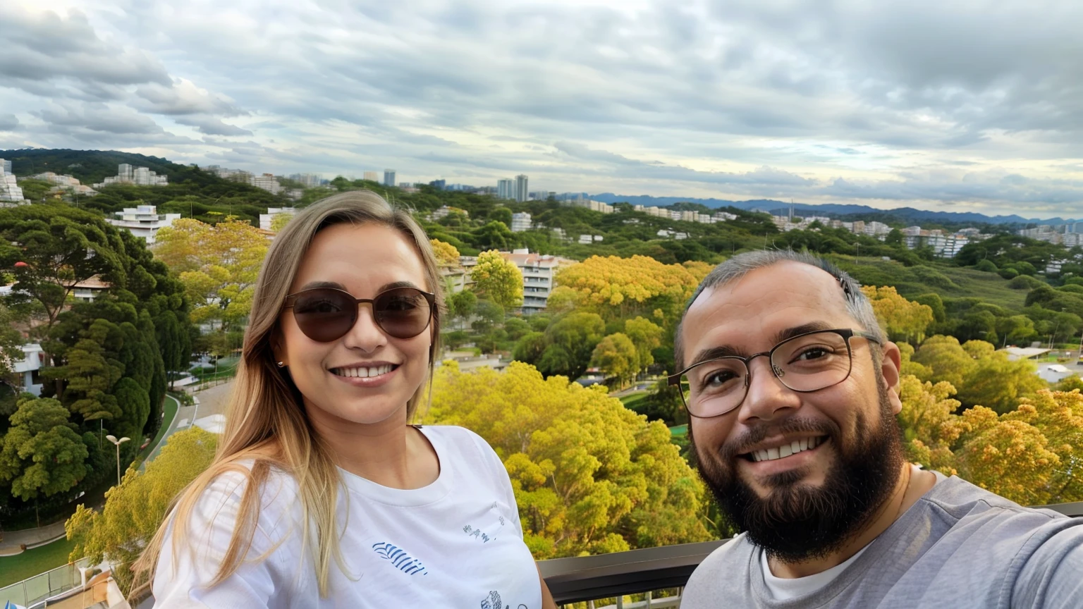 Smiling couple taking selfie on balcony overlooking city and trees, trees in the background, Parque em segundo plano, com um parque ao fundo, View from the top, Minas Tirith ao fundo, trees in background, vacation photo, Colinas ao fundo, no topo de uma colina, Selvas ao fundo, com uma cidade em segundo plano