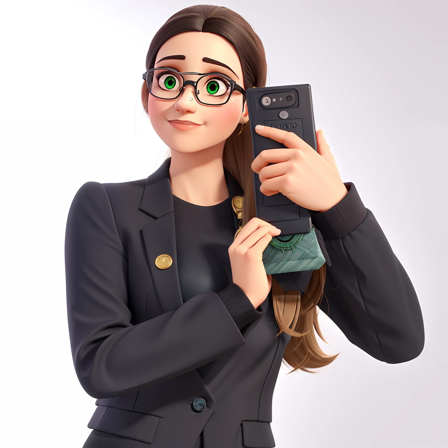 Uma mulher advogada, jovem, Serious, Chic and wise, com cabelo longo e liso escuro, olhos na cor preta, olhos esbugalhados e boca grande, with black dress pants, blusa preta e brazer verde bandeira, of prescription glasses with brown frame with ounce, salto alto preto, In a fancy law firm.