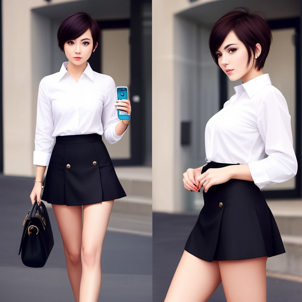 Beautiful woman in short skirt and short hair