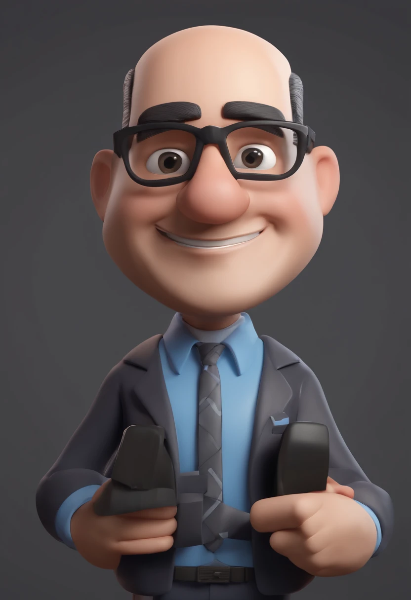 Cartoon character of a man with black glasses, careca, barba preta, rosto redondo e uma camisa azul, animation character, Caractere estilizado, animation style rendering, 3D estilizado, Arnold Maya render, 3 d render stylized, toon render keyshot, Personagem 3D, Personagem 3D, 3d rendering stylized, 3 d character render, personagem de desenho animado, Personagem de close up, Pose de personagem,  (Estilo Pixar) (master part:1.2) (Bokeh) (best quality) (pele detalhada) (textura detalhada) (8k) (argila) (Cinematic lighting) (foco nítido