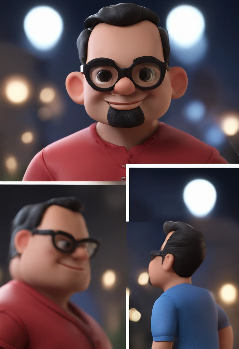 Cartoon character of a man with black glasses, careca, barba preta, rosto redondo e uma camisa azul, animation character, Caractere estilizado, animation style rendering, 3D estilizado, Arnold Maya render, 3 d render stylized, toon render keyshot, Personagem 3D, Personagem 3D, 3d rendering stylized, 3 d character render, personagem de desenho animado, Personagem de close up, Pose de personagem, (Estilo Pixar) (master part:1.2) (Bokeh) (best quality) (pele detalhada) (textura detalhada) (8k) (argila) (Cinematic lighting) (foco nítido