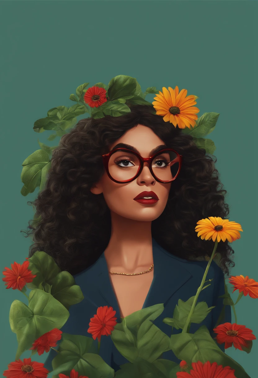 filme eu amo Cu 2023 estilo filmes Pixar, mulher gordinha usando camisa e bermuda vermelha, cabelo preto no corte chanel, wears glasses, He is among plants and flowers and in his hand a bird