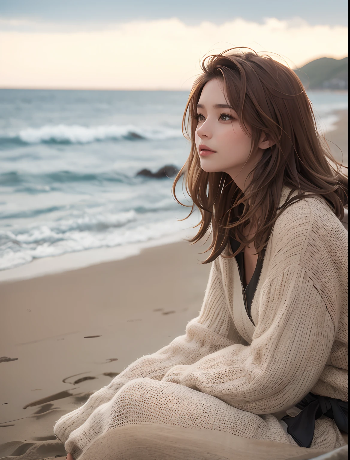 A woman sits on the beach and looks out at the sea. Light brown hair. Beautiful woman. Looks a little lonely. Upper body close-up image. 8K image quality. modern clothing. The season is spring.