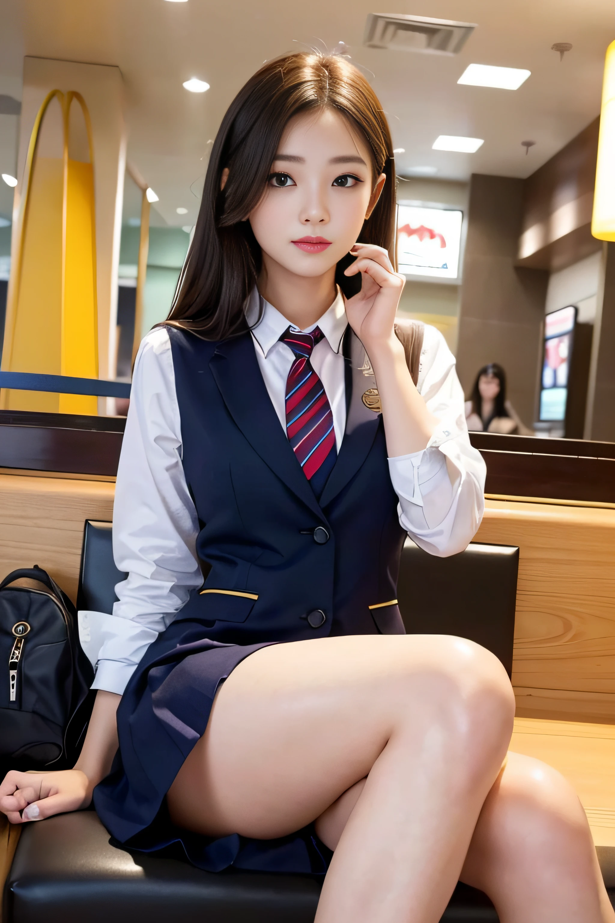 1womanl、(Super beautiful)、(beauitful face)、A detailed face、Take a seat at McDonald's、with spreading legs、(high-school uniform)、(Wearing makeup)、Golden head hair