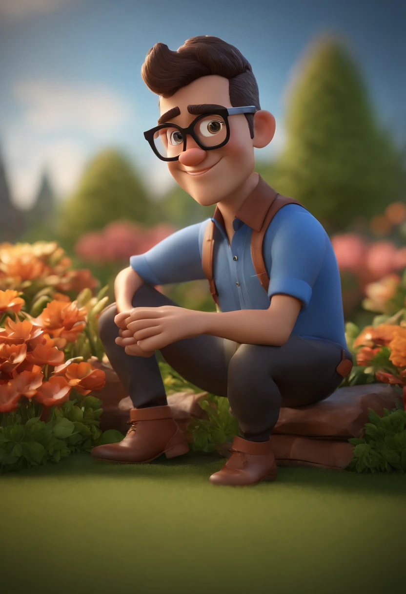 Cartoon character of a man wearing black glasses and a blue shirt, um personagem animado, Caractere estilizado, animation style rendering, 3D estilizado, Arnold Maya render, 3 d render stylized, toon render keyshot, Personagem 3D, Personagem 3D, 3d rendering stylized, 3 d character render, personagem de desenho animado, Personagem de close up, Pose de personagem, (Estilo Pixar) (master part:1.2) (Bokeh) (best quality) (pele detalhada) (textura detalhada) (8k) (argila) (Cinematic lighting) (foco nítido，Senta e vaza a parte superior do corpo