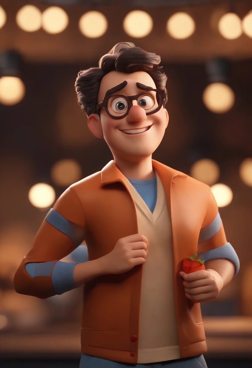 Personagem de desenho animado de um homem, um personagem animado, Caractere estilizado, animation style rendering, 3D estilizado, Arnold Maya render, 3 d render stylized, toon render keyshot, Personagem 3D, Personagem 3D, 3d rendering stylized, 3 d character render, personagem de desenho animado, Personagem de close up, Pose de personagem, (Estilo Pixar) (master part:1.2) (Bokeh) (best quality) (pele detalhada) (textura detalhada) (8k) (argila) (Cinematic lighting) (foco nítido,Senta e vaza a parte superior do corpo