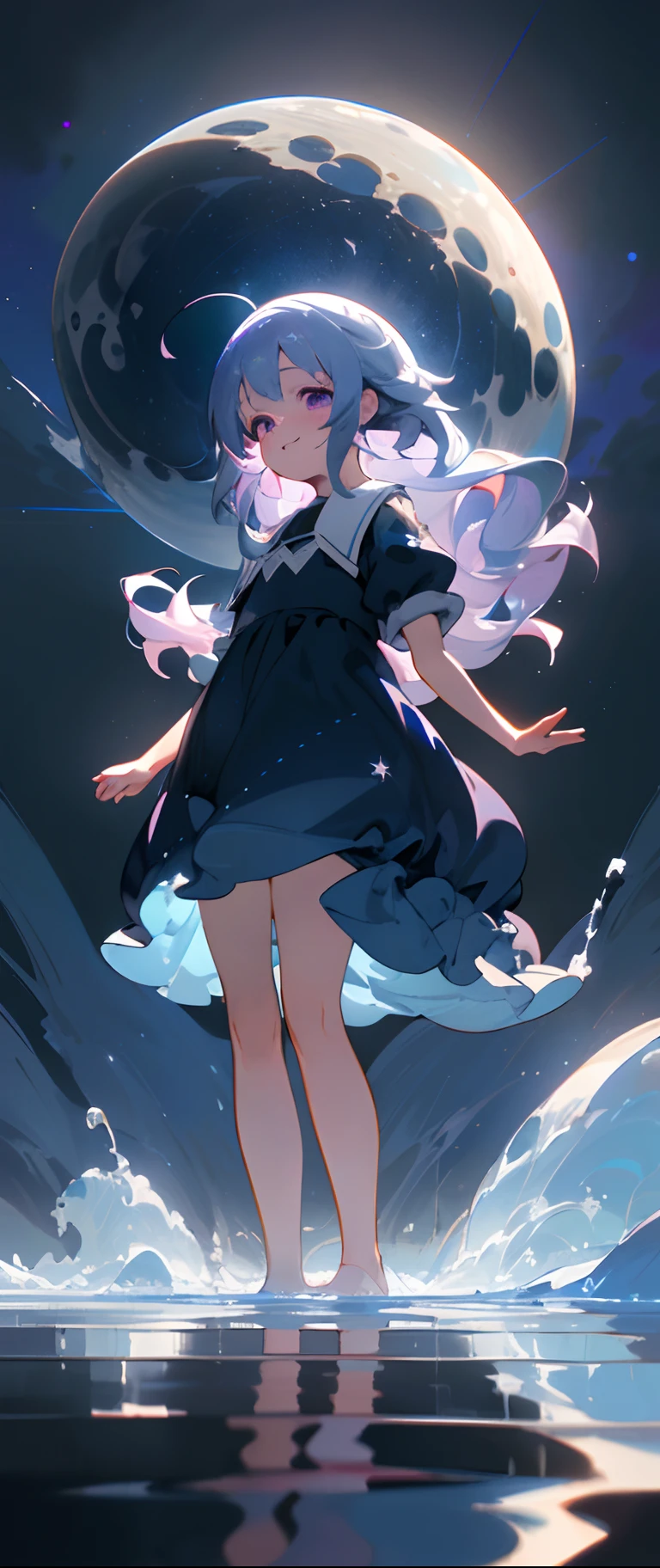 {{masterpiece,hight resolution,Best Work}},top-quality,Ultra-detailed CG Unity,((A detailed face)),8k wallpaper,lensflare, (Detailed beautiful eyes),((chiquita,tiny girl,Little girl)),Particle,Long hair with strong waves,huge smile,Playing with a frolick,Purple eyes,silber hair,A dark blue dress reflecting the starry sky,Big White Moon,((Standing on the surface of the water and playing cheerfully)),Majestic starry sky,Aurora,The surface of the lake reflecting the starry sky,Starry water surface,((full bodyesbian:1.5),超A high resolution,