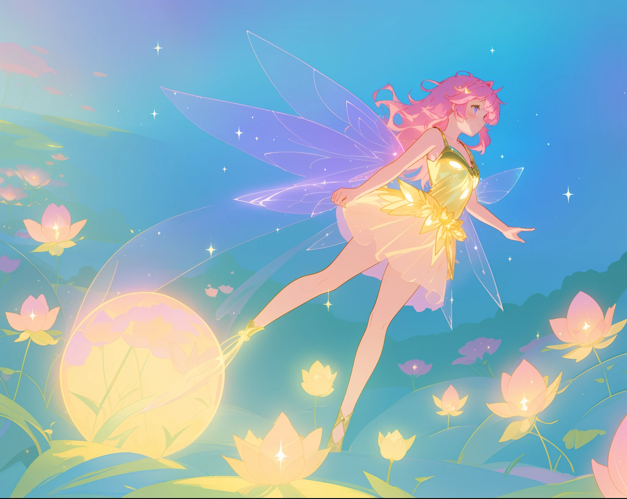 beautiful fairy girl in golden flowing dress, fairy dress, (huge sparkling purple pink fairy wings), fairy queen, ((magical colorful otherworldly landscape)), ((gold fairy flowers)), glowing balls of light, flowers made of light, meadow filled with glowing golden flowers, (glowing fairy wings), glowing flowing ballgown, long pink hair, sparkling fairy wings, watercolor illustration, flowers and colorful plants, disney art style, glowing aura around her, glowing lights, beautiful digital illustration, fantasia otherworldly landscape plants flowers, beautiful, masterpiece, best quality, anime disney style