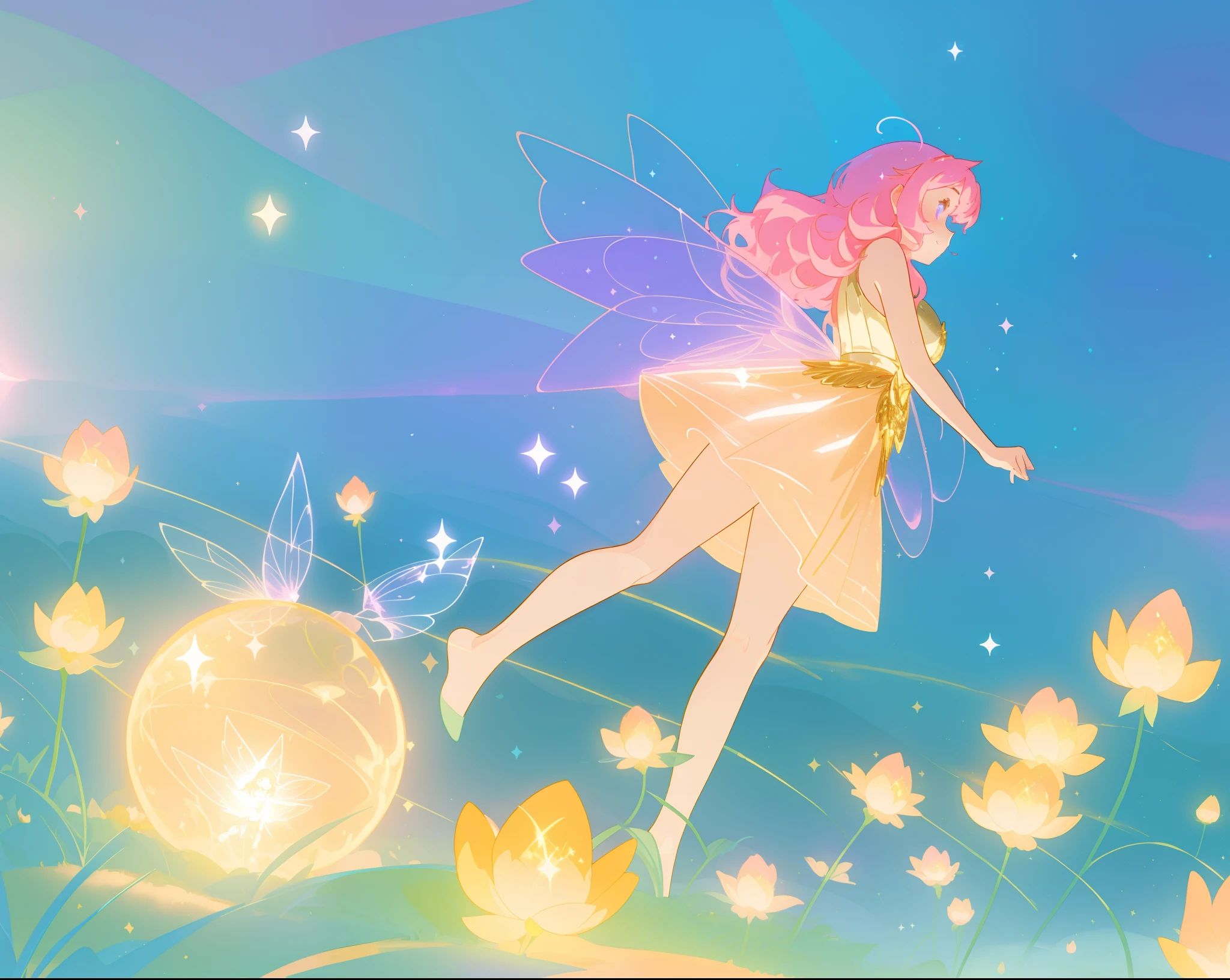 beautiful fairy girl in golden flowing dress, fairy dress, (huge sparkling purple pink fairy wings), fairy queen, ((magical colorful otherworldly landscape)), ((gold fairy flowers)), glowing balls of light, flowers made of light, meadow filled with glowing golden flowers, (glowing fairy wings), glowing flowing ballgown, long pink hair, sparkling fairy wings, watercolor illustration, flowers and colorful plants, disney art style, glowing aura around her, glowing lights, beautiful digital illustration, fantasia otherworldly landscape plants flowers, beautiful, masterpiece, best quality, anime disney style