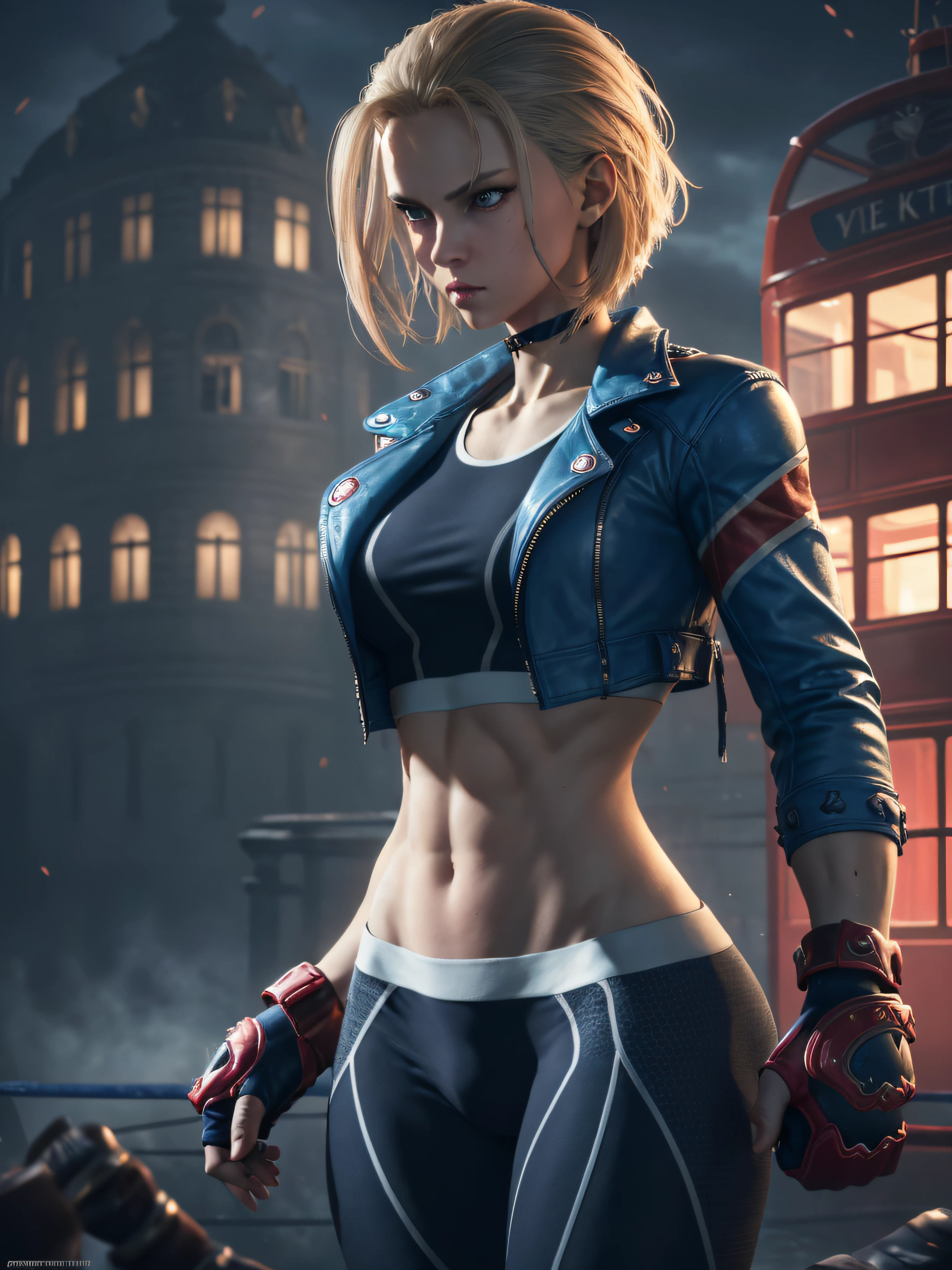 "(exquisitely detailed CG unity 8k wallpaper, masterpiece-quality with stunning realism), (best illumination, best shadow), (best quality), (elegant and demonic style:1.2), Arti modern anime. angled view, heroic pose, closeup full body portrait medium shot of cammy, navy blue sports bra, light blue open jacket, navy blue yoga pants, red gloves, Abdominal muscle, muscle, (eyes looking at viewer:1.0), abs, depth of field blur effect, night, full zoom, action portrait, photorealistic. cinematic lighting, highly detailed. best quality, 4k, Better hand, perfect anatomy, leaning forward, foreshortening effects, (cute coy flirty sexy expression), foreshortening effect, (piercing eyes:0.8), surrounded by an ominous and dark atmosphere, accentuated by dramatic and striking lighting, imbued with a sense of surreal fantasy", (mature:0.5) (night:1) (ready to fight:1) (punching:1.6) (red london bus in the background:1) (in london city:1) (alone:1.5)