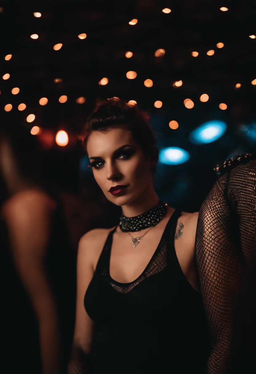Punk woman wearing a black fishnet top posing for a photo in a club at night, understand rave aesthetic, night club lights, black make-up, techno aesthetic, techno fashion, neon lights, ultra detailed, masterpiece.