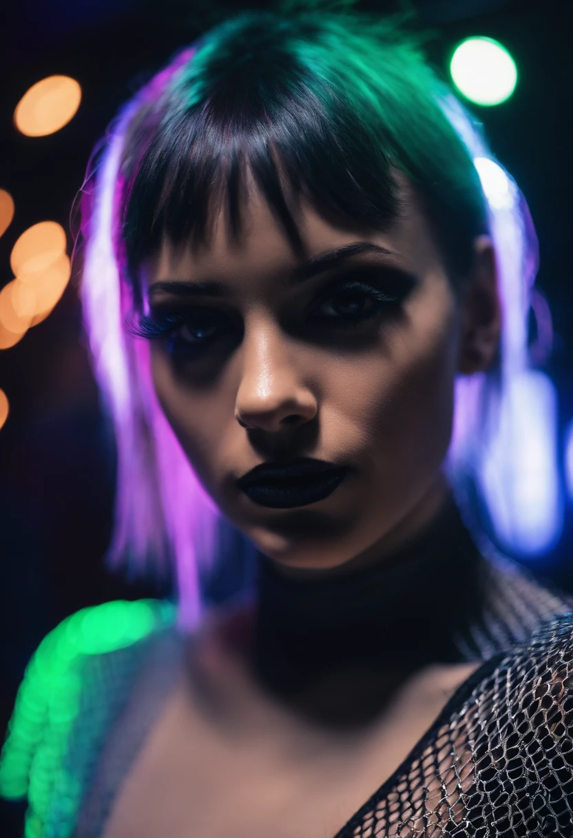 Punk woman wearing a black fishnet top posing for a photo in a club at night, night club lights, black make-up, techno aesthetic, techno fashion, neon lights, ultra detailed, masterpiece.