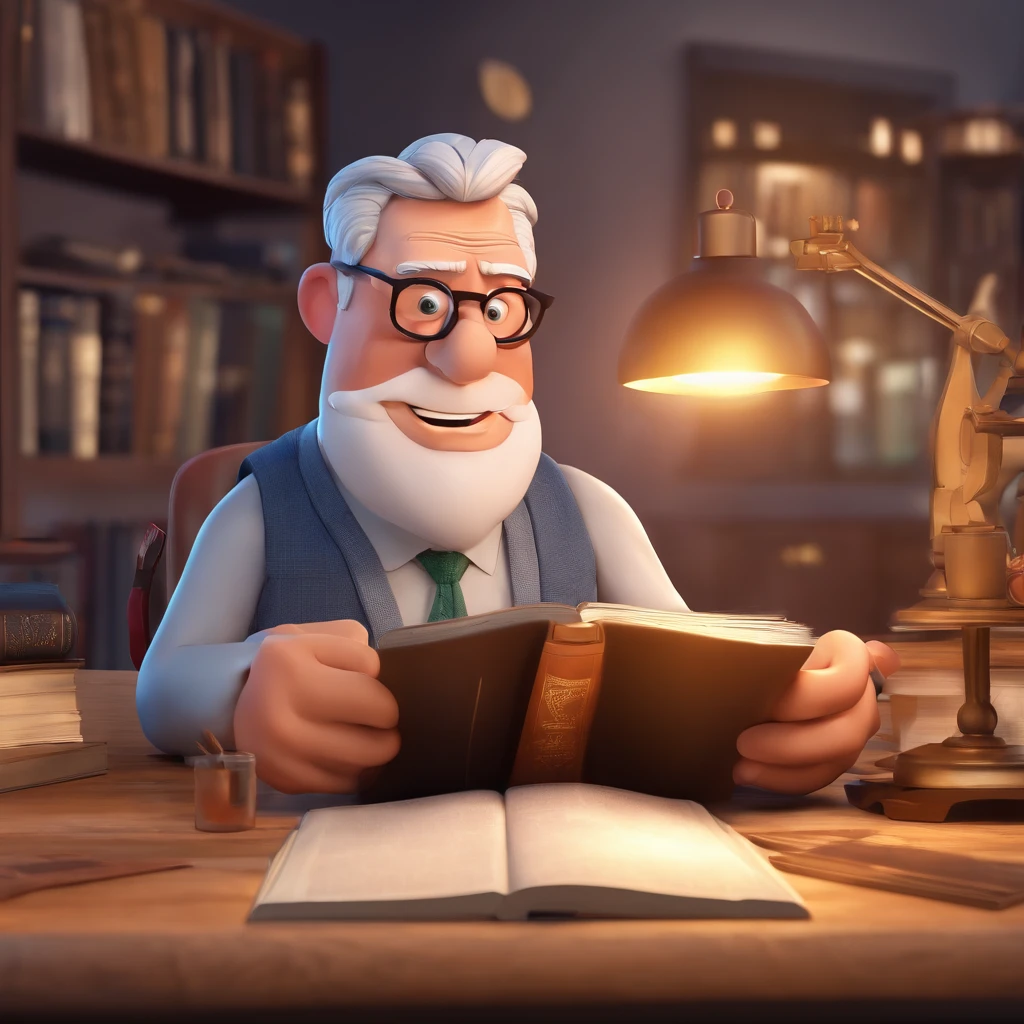 Crie um cartaz inspirado na Disney Pixar com o personagem sendo o pastor Rubens Janier, A gray-haired man wearing glasses, in an office with a Bible on the table