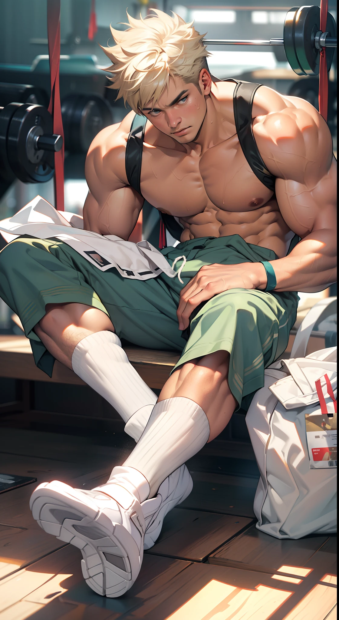 Abs boy, sunny handsome, anime male protagonist, male high school student, white socks, navy uniform, sports shorts, masturbation, full body photo