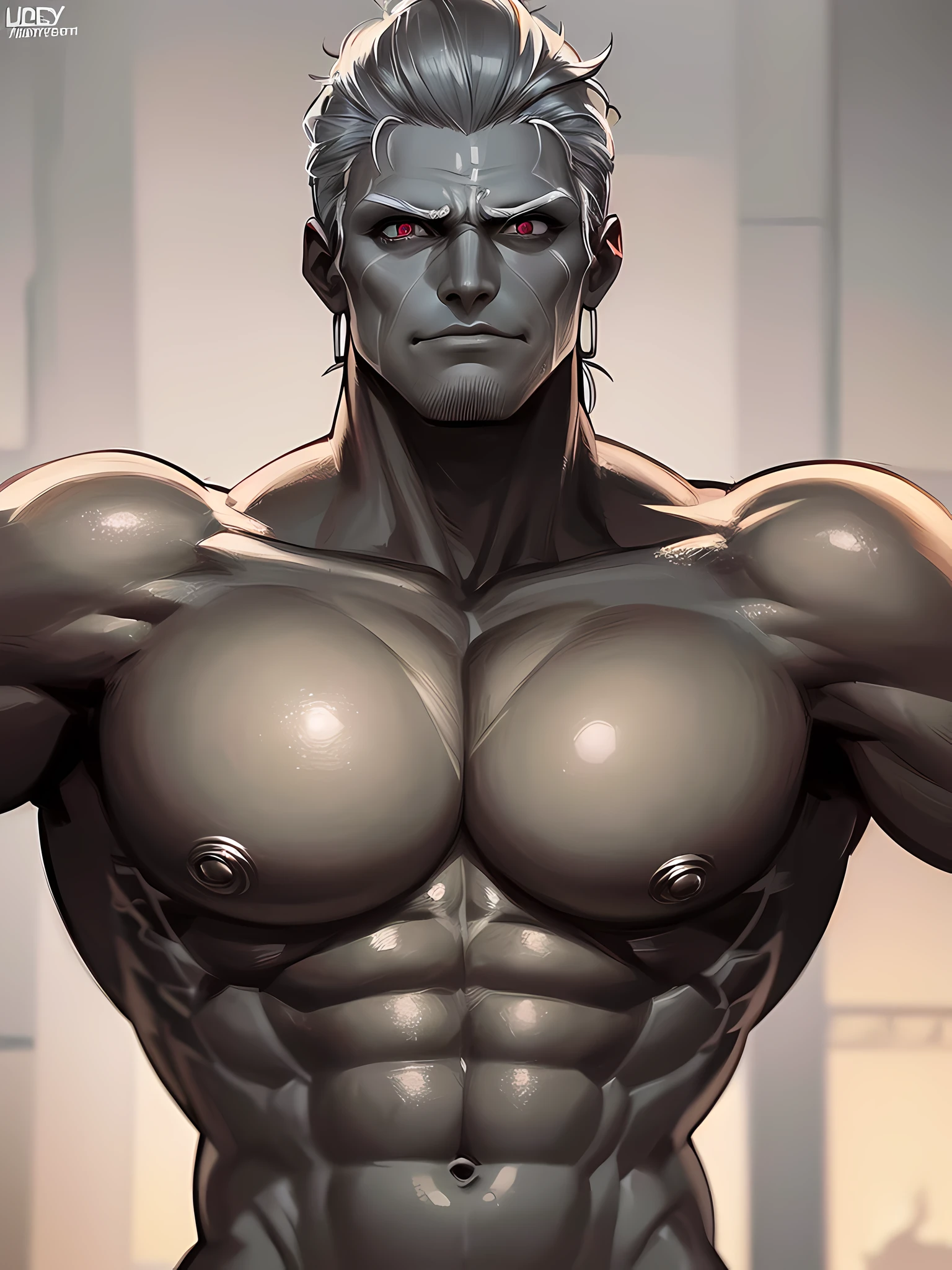 ((perfect whole body)), ((ultra photorealistic)), Top quality, ((Photorealistic)), 8K, High Definition, Unity 8K wallpaper, high res, ultra sharp, ((masterpiece)), best quality, ((intricate details)), (((detailed eyes))), (((perfect face))) (((detailed face))), masterpiece, highly detailed exquisite character art, melancholy lighting, ((cinematic light)), ultra-realistic, (((detailed body))), (((detailed muscles))), (((1male))) (((Bodybuilder))), (Manboobs) (((muscular))), ((bara)), ((perfectly detailed anatomy)) (wearing luxury clothing), (bright grey skin) white curly hair, high ponytail, face tattoo, glowing eyes, powerful, intimidating, scary, magic, spell casting, ((in a jail cell)), in a cage, neon white vampire eyes, hairy body, stubble, scars,