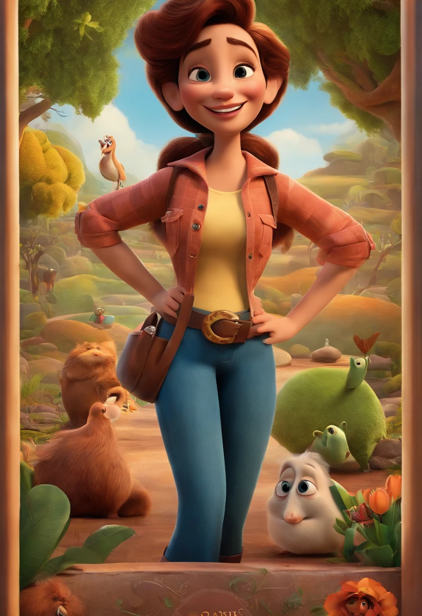Create a Disney PIXAR-style 3D poster, uma mulher de 40 anos, gordinha, com o texto luciana