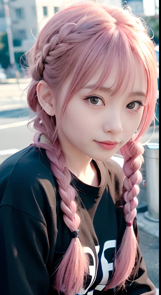 女の子1人、on tokyo street、natta、A city scape、city light、The upper part of the body、up close shot、Blue eyes,Full body,faces、(A smile:1.5)、small tits、Black Long Sleeve T-Shirt、(8K、Raw photography、top-quality、masterpiece:1.2)、(realisitic、photoRealstic:1.37), (Pink hair), Ear Hair, small tits, Single braid, (Single braid), (Side braid)