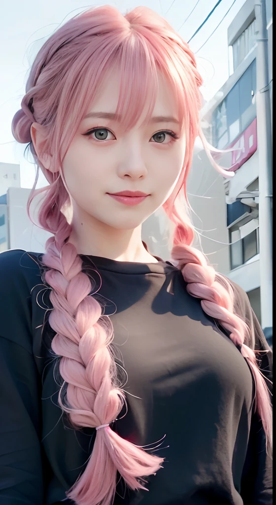 女の子1人、on tokyo street、natta、A city scape、city light、The upper part of the body、up close shot、Blue eyes,Full body,faces、(A smile:1.5)、small tits、Black Long Sleeve T-Shirt、(8K、Raw photography、top-quality、​masterpiece:1.2)、(realisitic、photoRealstic:1.37), (Pink hair), Ear Hair, small tits, Single braid, (Single braid), (Side braid)