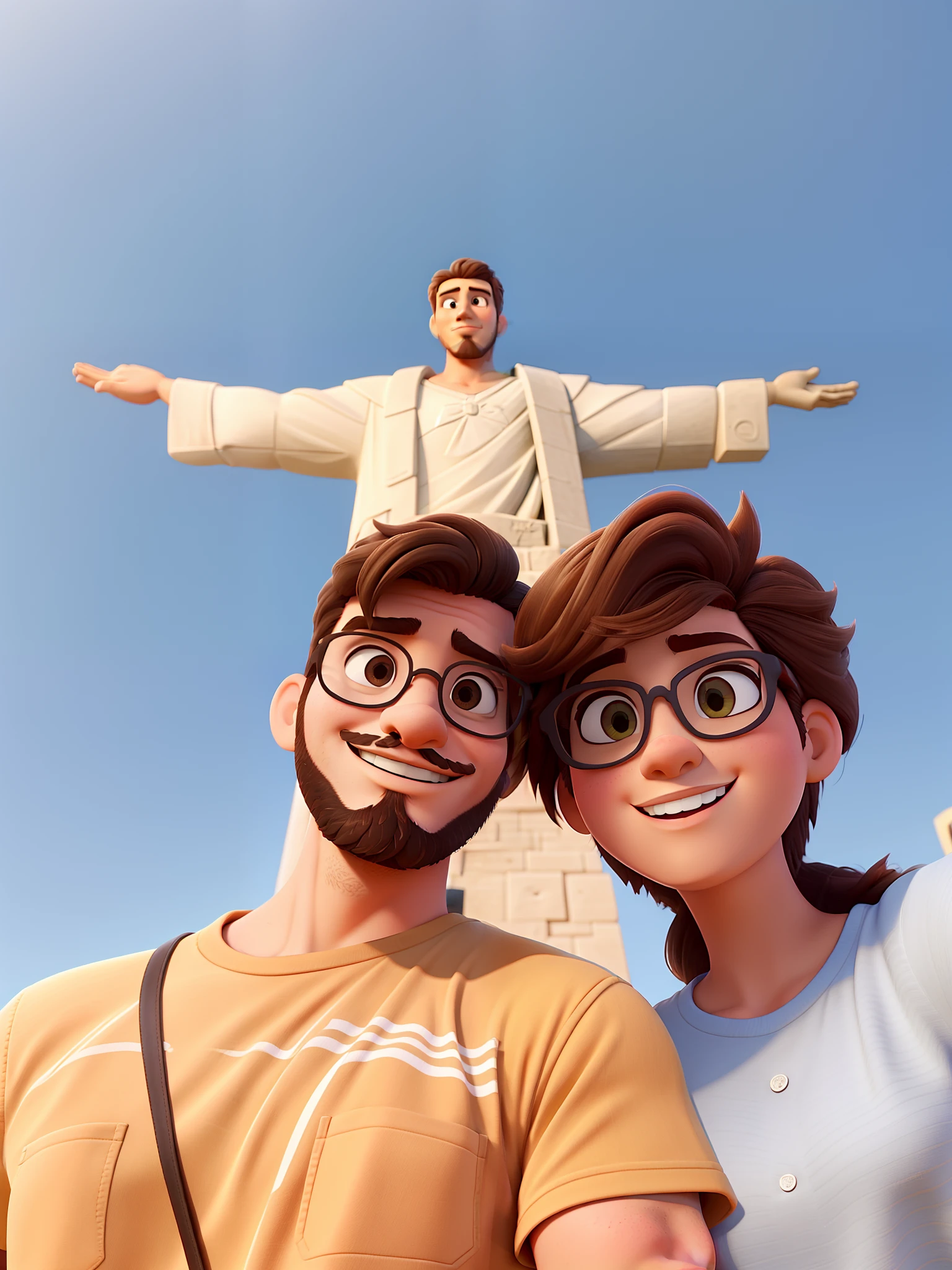 Casal tirando selfie em frente ao cristo redentor, mulher cabelo curto, cabelo cacheado no estilo, homem de barba rasa preenchida ambos de oculos igual aos filmes Disney Pixar. Casal de pessoas brancas