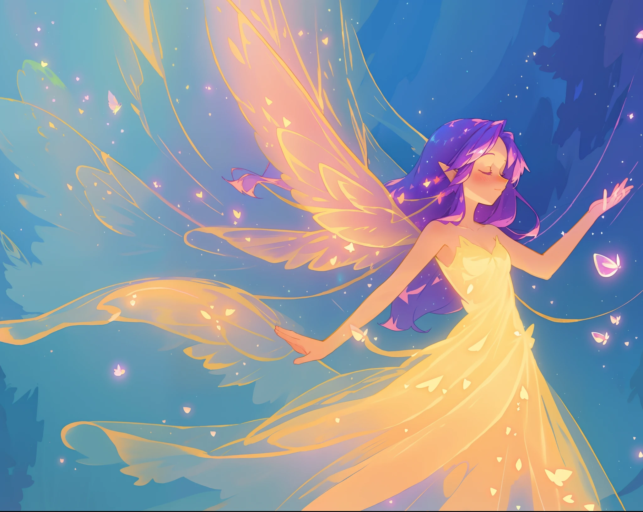 beautiful fairy girl in fluttering golden dress, fairy dress, (huge sparkling pink fairy wings), long dark purple hair, fairy queen, ((magical colorful otherworldly landscape)), (glowing fairy wings), glowing flowing ballgown, long hair, sparkling fairy wings, watercolor illustration, glowing aura around her, glowing lights, beautiful digital illustration, fantasia otherworldly background, beautiful, (masterpiece), best quality