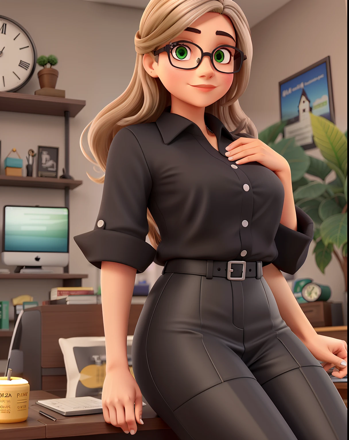 Uma garota sexy com cabelos castanhos, she's in an office, She is wearing an open suit over a green bikini