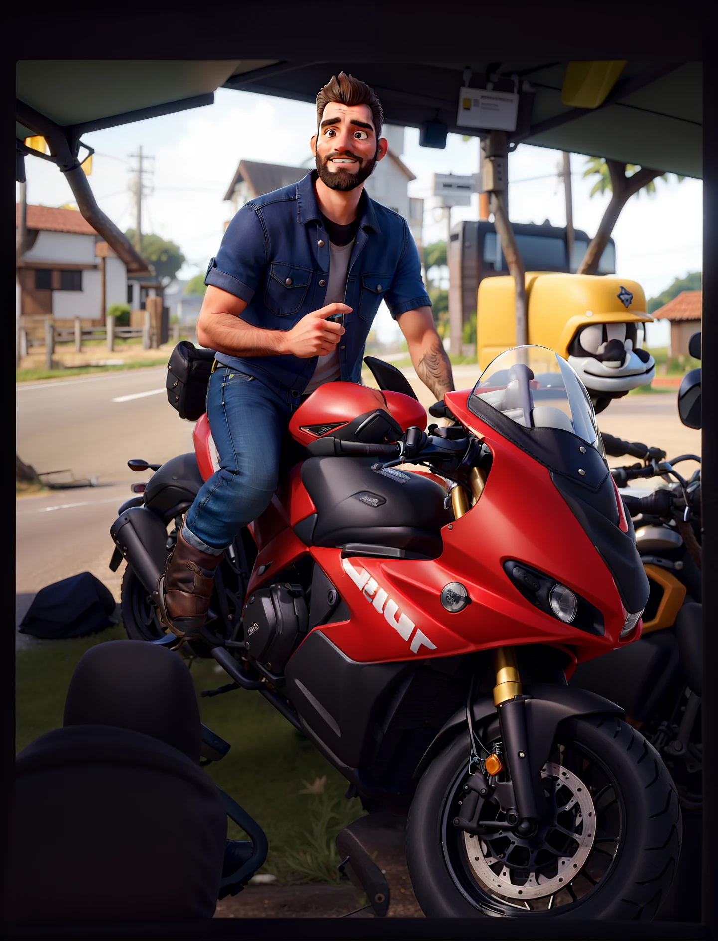master part, best quality, um velho com barba branca e longos cabelos castanhos, vestindo uma jaqueta de couro e jeans preto, ao lado de sua motocicleta