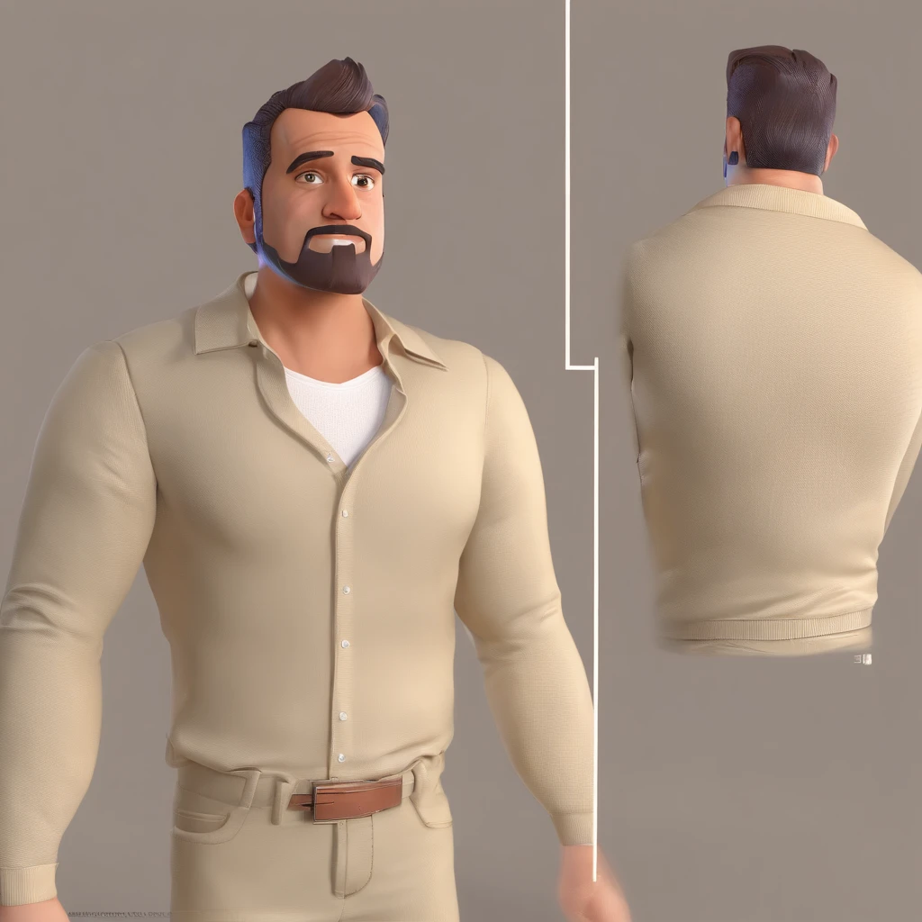 Criar um personagem no estilo Pixar. Trata-se de um homem de 30 anos, com barba, Branco, com cabelos castanhos curtos e um quiff, e olhos castanhos. Ele deve estar na frente de um computador, Trabalhar como designer