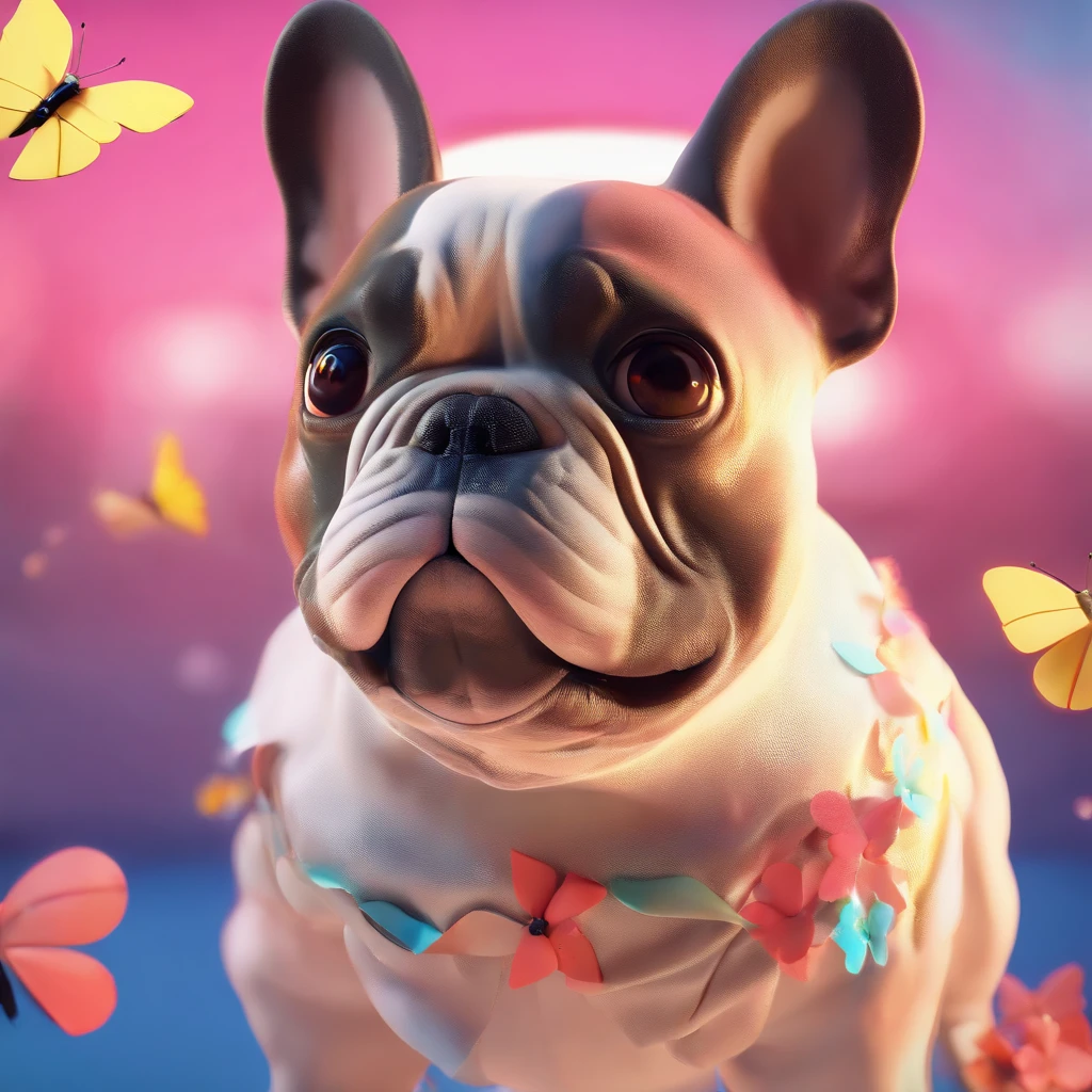 (best quality,4k,Altas,master part:1.2),retrato de Toretto, The French Bulldog in White Color. Deitado no jardim,com um sorriso feliz, Surrounded by colorful butterflies and chirping birds,raios de sol cintilantes iluminando a cena,em um estilo extravagante da Disney Pixar